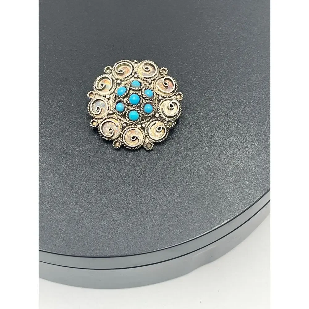 Israel Vintage 935 Argentium Sterling Filigree Turquoise Gemstone Brooch Pendant